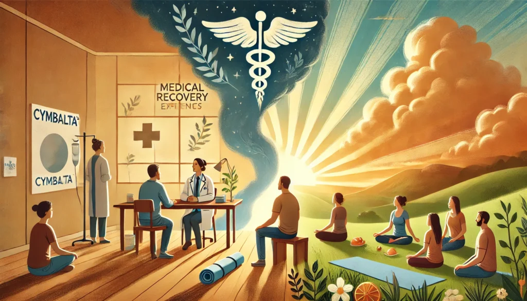 Illustration of a doctor consultation, a support group, and symbols of holistic recovery like yoga and healthy living.