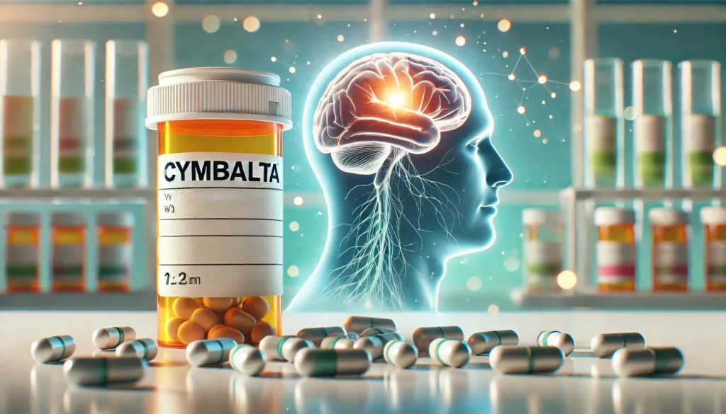 Prescription bottle of Cymbalta with capsules on a table, highlighting its effect on the brain and nervous system for mood and pain relief.