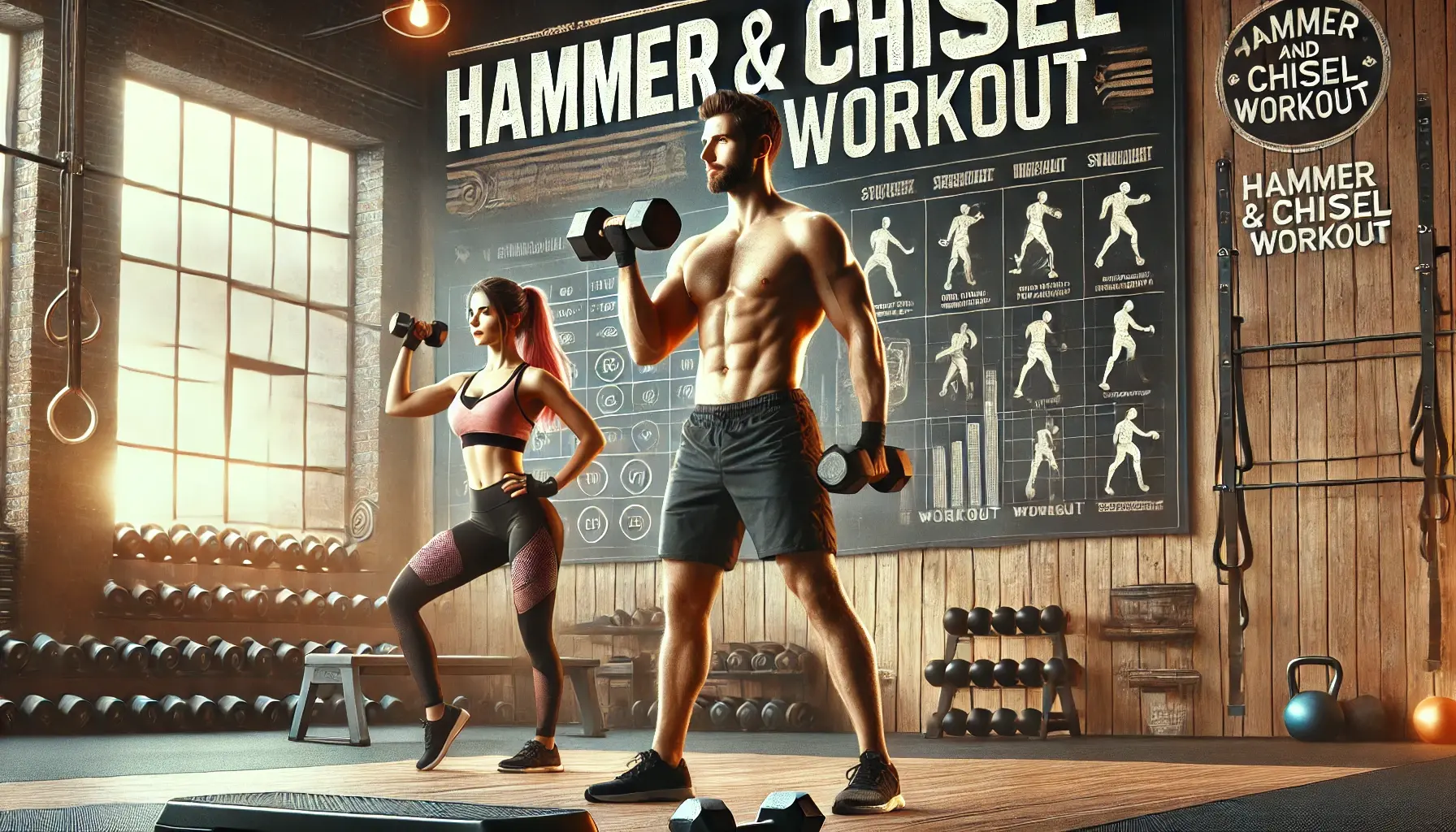 Man and woman performing Hammer & Chisel workout with dumbbells in a gym.