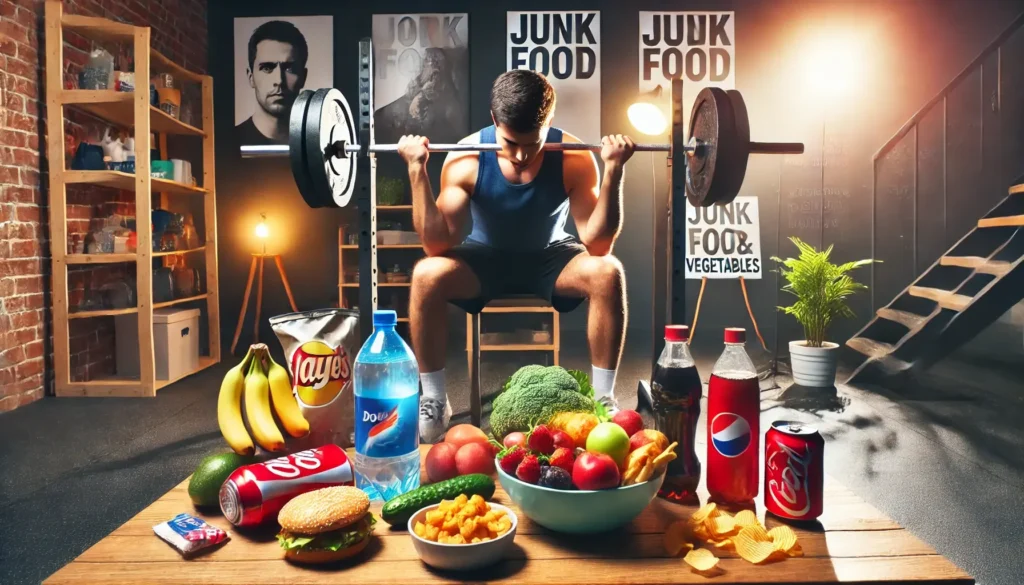 "A person lifting weights, surrounded by junk food and healthy food options in a gym setting."