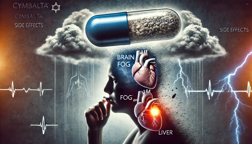 Illustration of a distressed person with symbols of Cymbalta's side effects, including brain fog, hypertension, and liver distress, under a stormy sky.