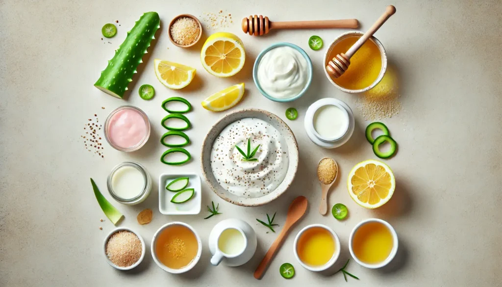 A flat lay of natural skincare ingredients like lemon, aloe vera, honey, yogurt, and apple cider vinegar for freckle removal.