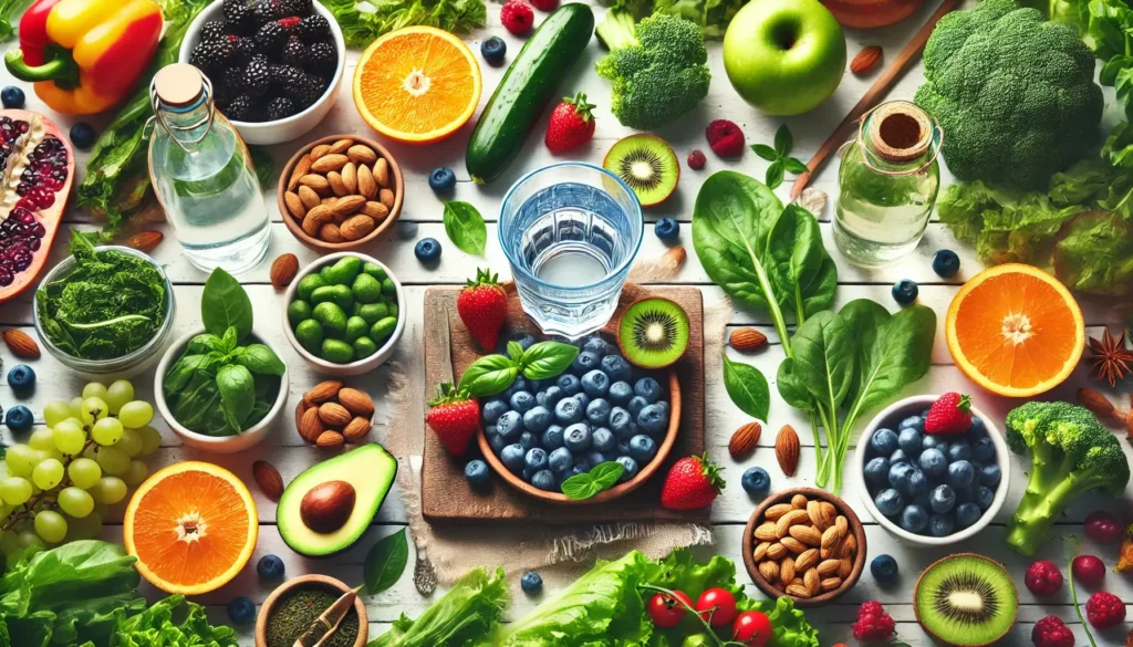 A vibrant flat lay of antioxidant-rich foods, fresh fruits, leafy greens, and water for skin health.