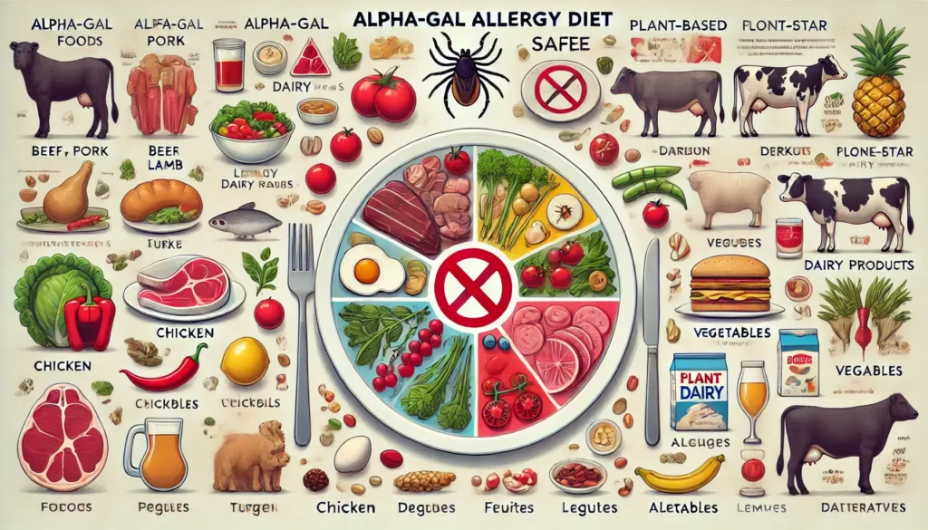 A divided plate showing prohibited red meat and dairy on one side with a red cross, and safe poultry, seafood, and plant-based foods on the other. A Lone Star tick symbol in the background highlights the allergy cause.