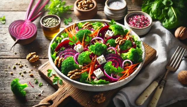 A colorful beetroot and broccoli salad in a wide bowl, garnished with feta cheese, walnuts, and seeds, placed on a rustic wooden table.